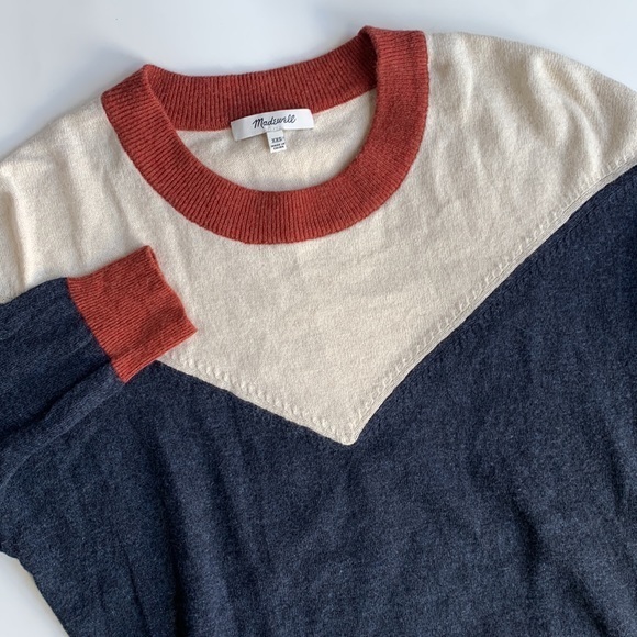 Madewell Sweaters - Madewell Color Block Classic Wool Blend Cream Blue Crew Neck Sweater Women’s XXS